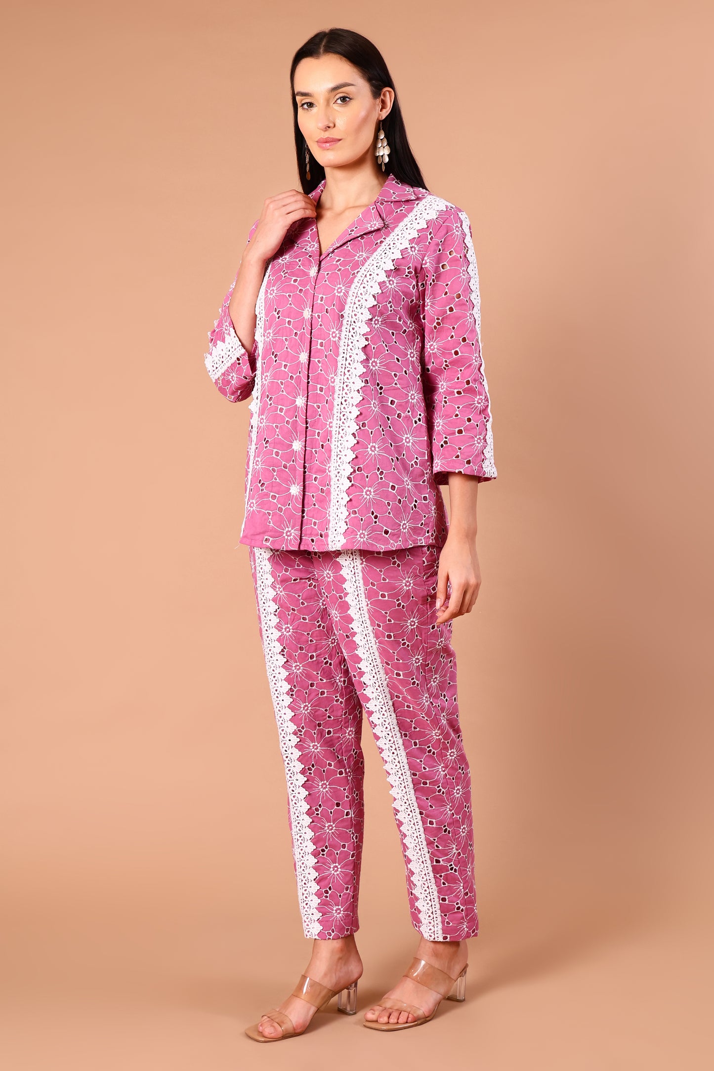 Orchid Pink Shciffli Lace Co-ord set