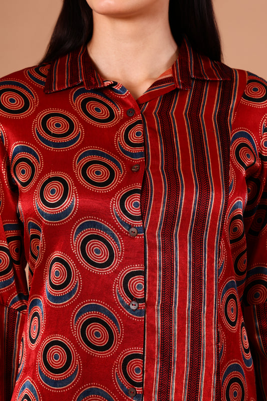 Crimson Ajrakh Half Mashru Silk Shirt