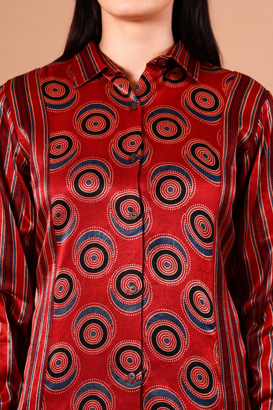 Ruby Red Ajrakh Mashru Silk Shirt