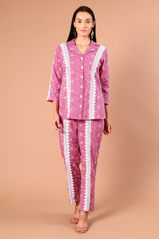 Orchid Pink Shciffli Lace Co-ord set
