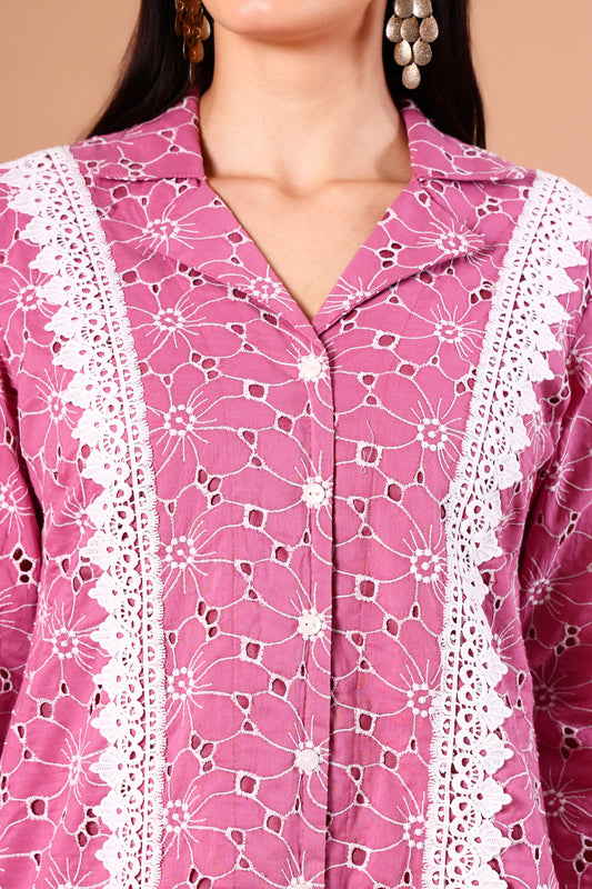 Orchid Pink Shciffli Lace Co-ord set