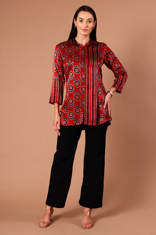 Crimson Ajrakh Half Mashru Silk Shirt