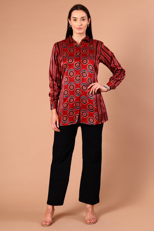 Ruby Red  Ajrakh Mashru Silk Shirt