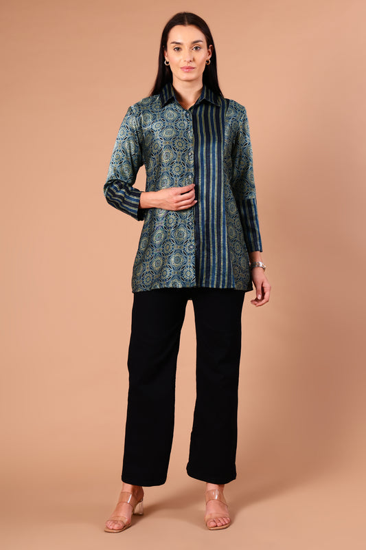 Indigo Ajrakh Mashru Silk Shirt