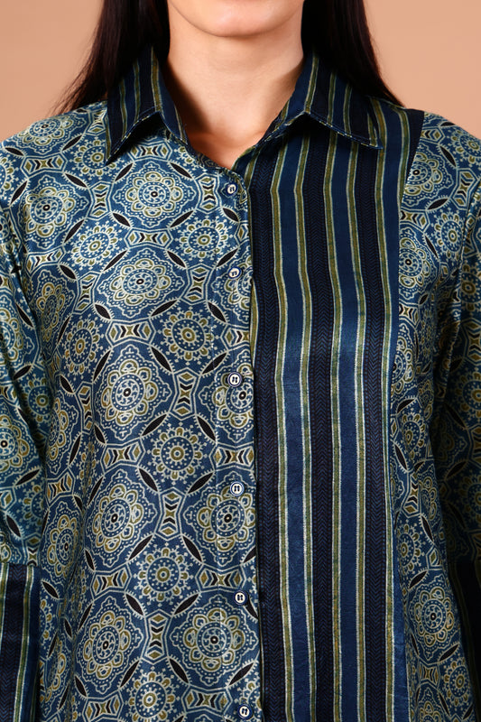 Indigo Ajrakh Mashru Silk Shirt