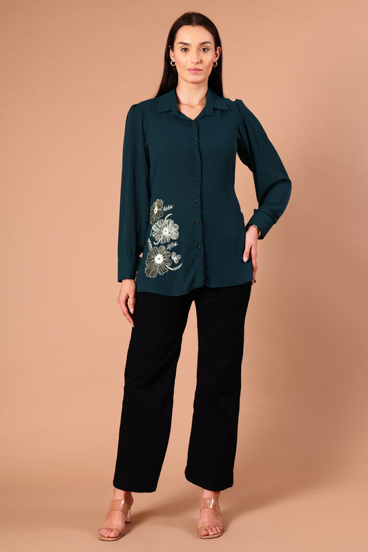 Teal collared embroidered shirt