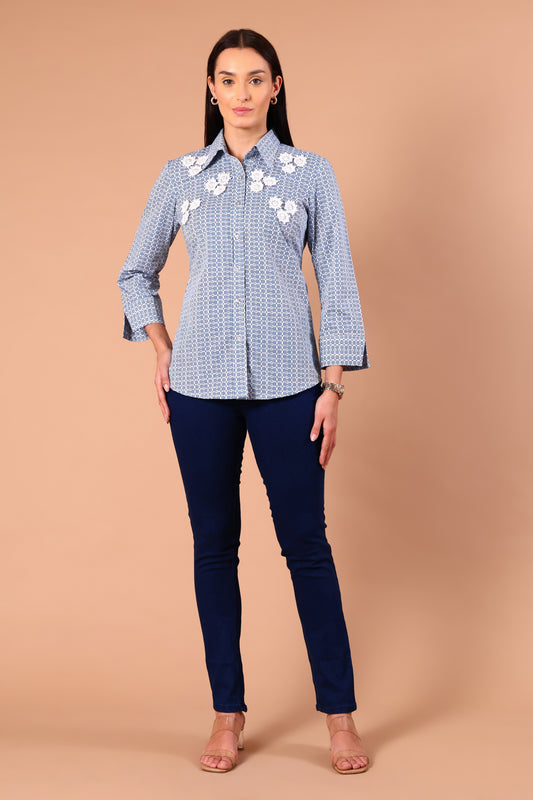 Azure Blue Striped Daisy Shirt