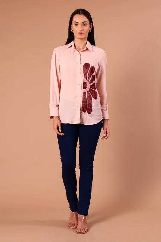 Chic Peach Blossom Embroidered Shirt