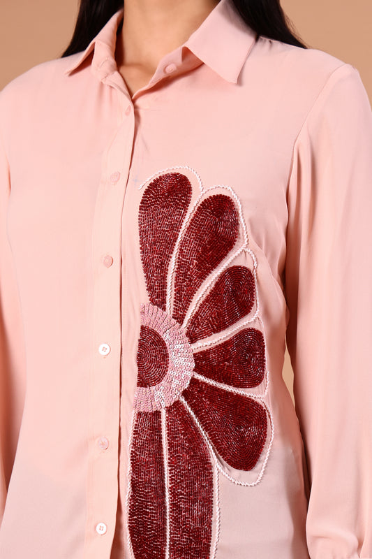 Chic Peach Blossom Embroidered Shirt